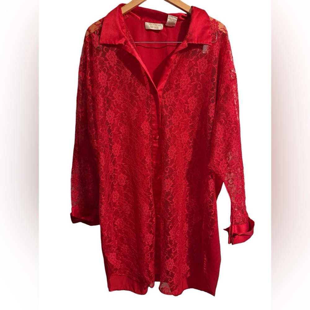Vtg Victorias Secret Gold Label Red Satin Sheer Floral Lace Sleep Shirt M/L